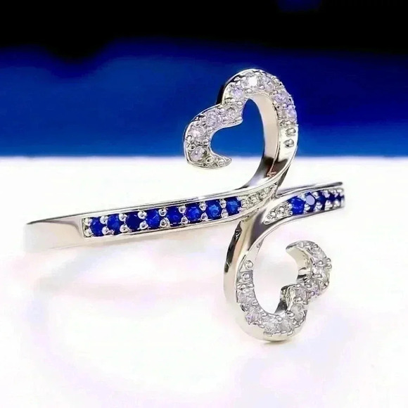 New 14k Gold Plated Silver Diamond Blue Sapphire Infinity Heart Ring - Picture 5 of 5